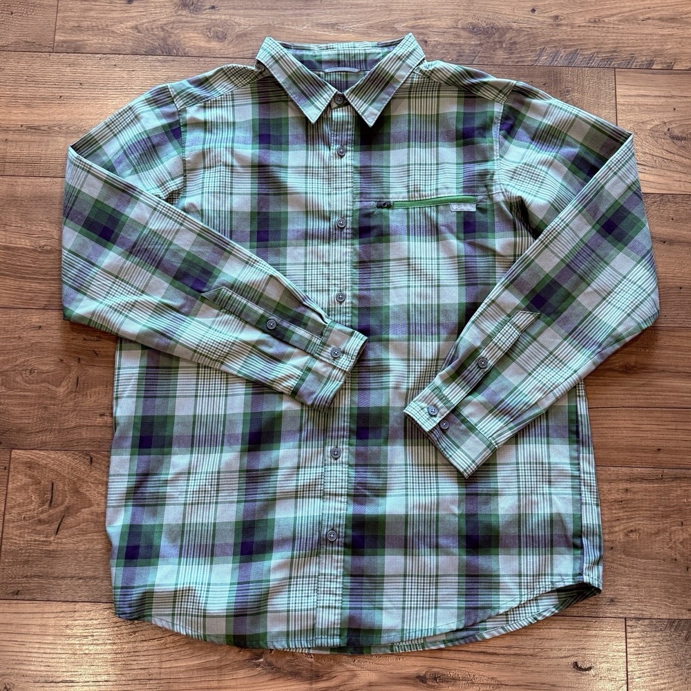 Columbia Omni Wick Green Plaid‎ Shirt Mens XL Hiking Trail Outdoor Long Sleeve